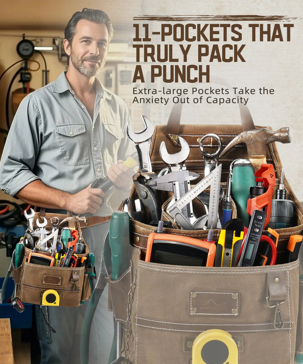 11-Pocket Tool Belt Pouch with Hammer Loop & Tape Clip For Electrician & Carpenter