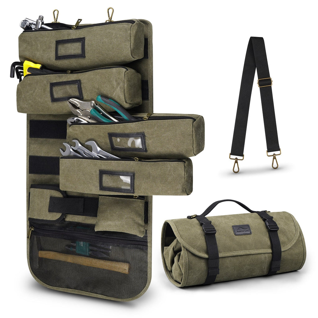ARCFOX Vintage Canvas Roll Up Tool Bag Organizer w/ Removable Large Pouches For Mechanic Electrician