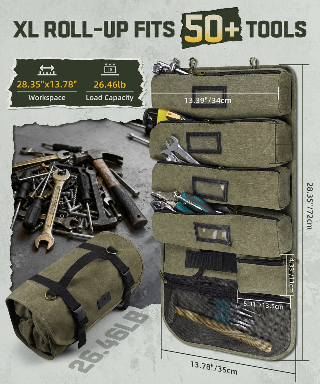ARCFOX Vintage Canvas Roll Up Tool Bag Organizer w/ Removable Large Pouches For Mechanic Electrician