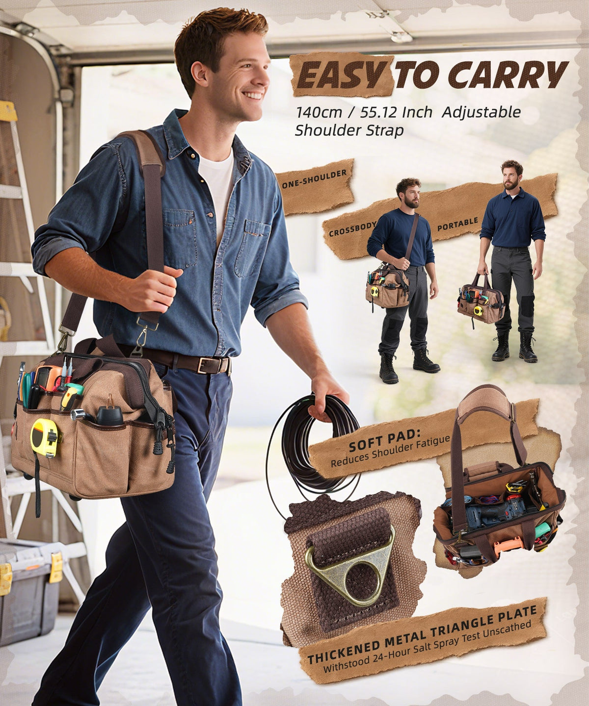 ARCFOX Canvas 25L 21-Pockets Tool Bag For  Electrician Mechanic Carpenter Construction
