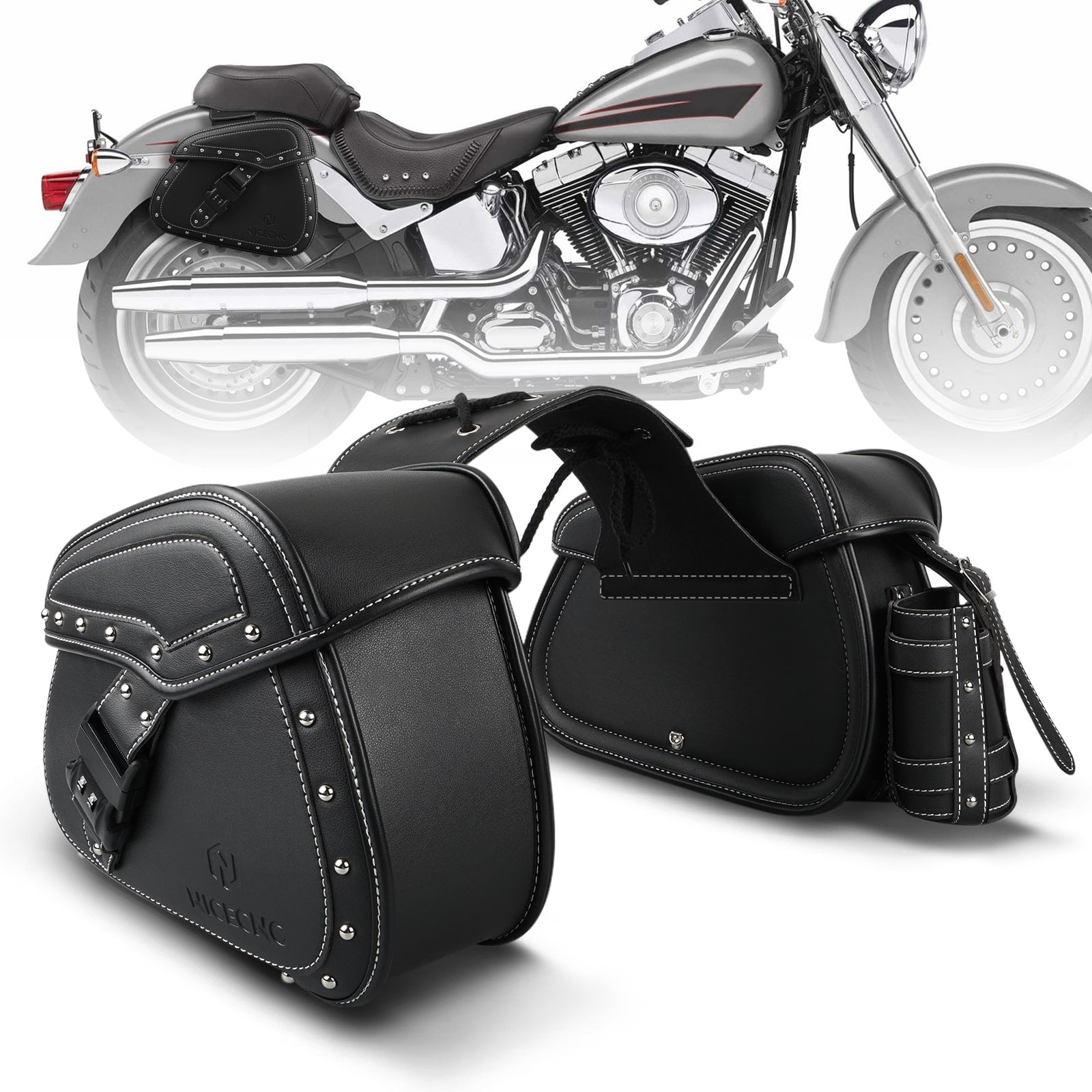 PU leather Motorcycle Saddle Bags with Cup Holder & Lock for Universal Motorcycle Position 3