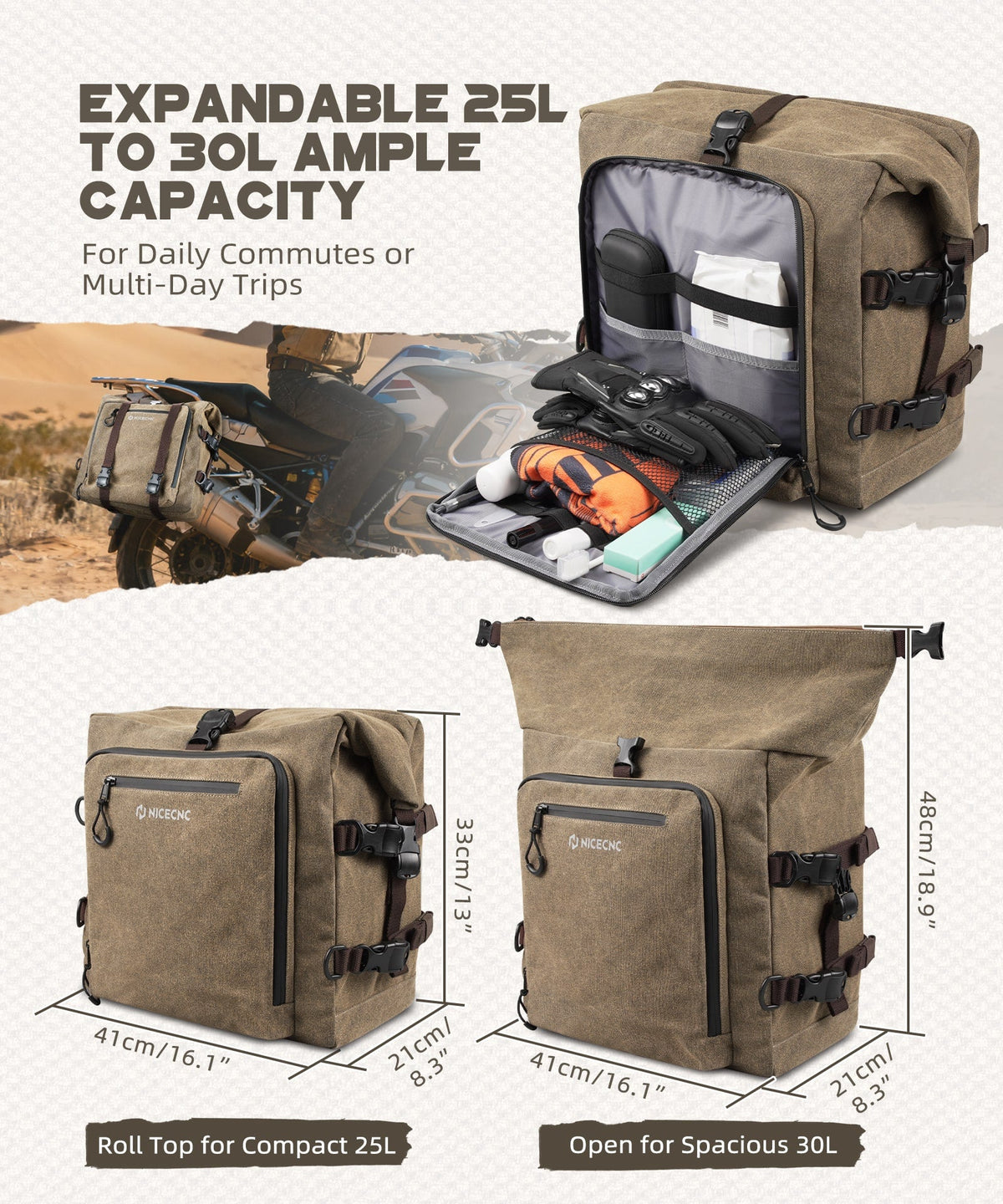 Cotton Canvas 30L Quick-Release Motorcycle Rear Luggage Pannier Rack Saddle Bag Waterproof
