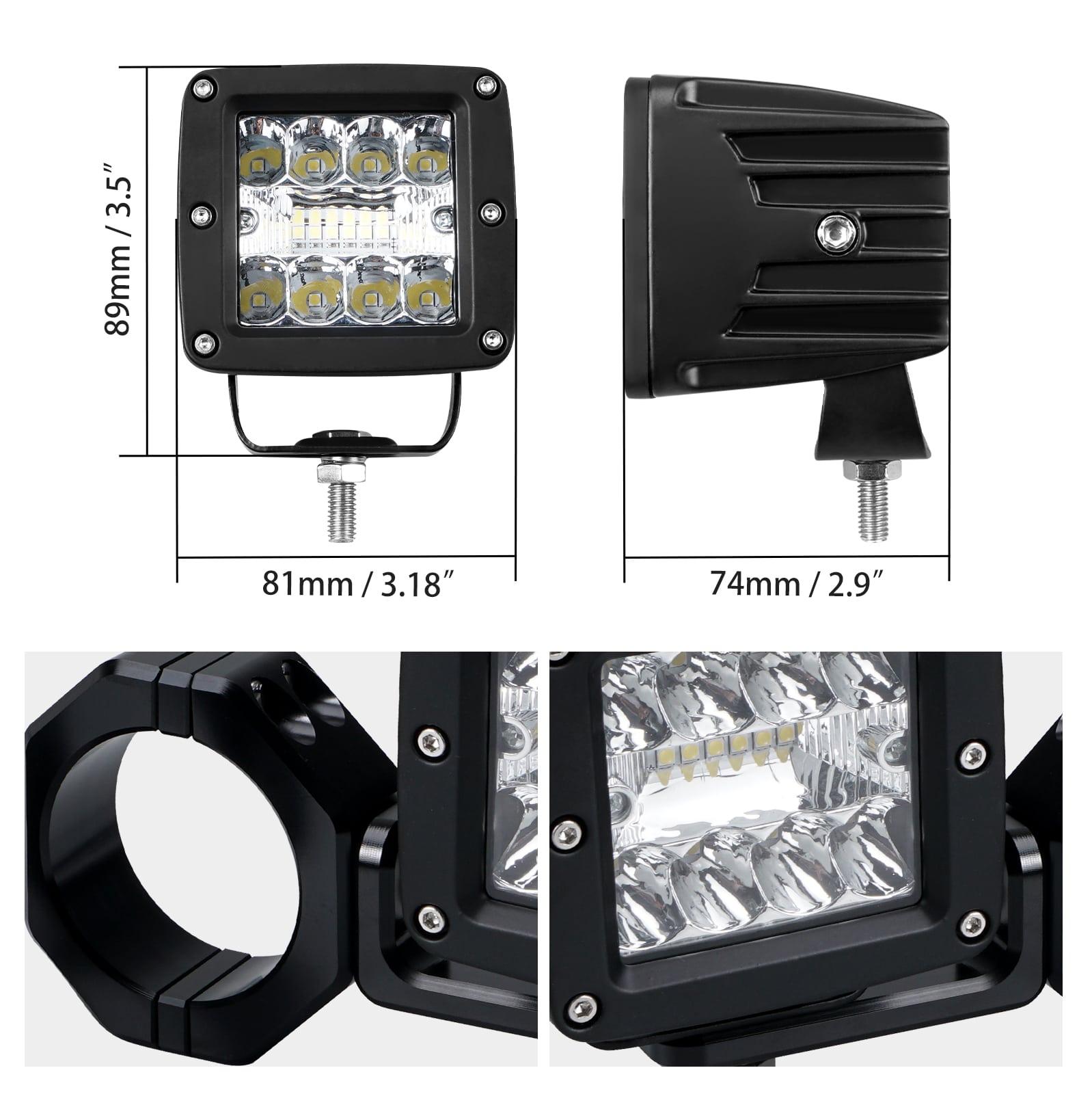 Backup Rear Pillar LED Work Lights w/Brackets For Polaris RZR XP 1000 Turbo