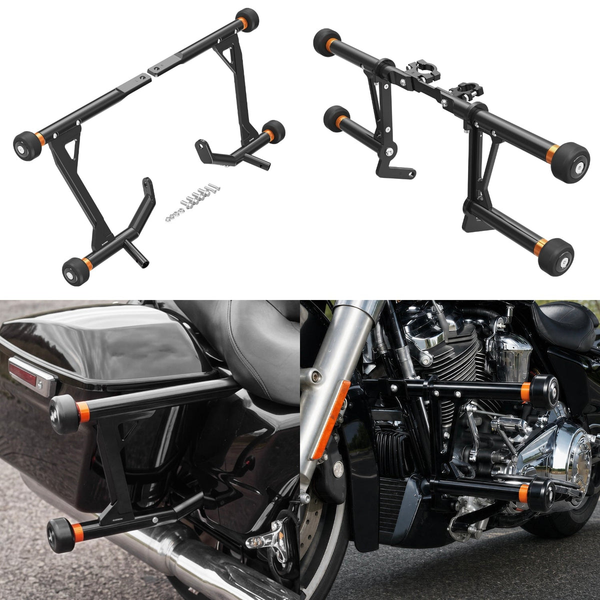 Front Engine Guard + Rear Saddlebag Crash Bar For Harley Road King Street Glide